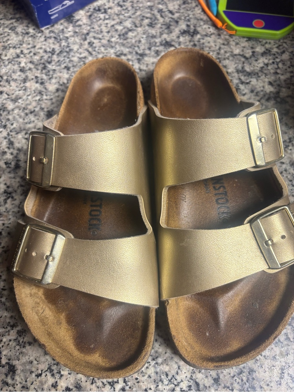 Birkenstock Arizona Metallic Gold Two-Strap Sandals 38